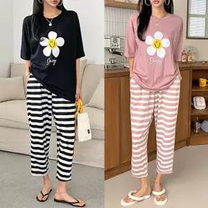 여성 봄 여름 플라워 면 반팔티 단가라 밴딩 바지 츄리닝 세트 잠옷 홈웨어 PST0033S
