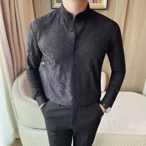 남성셔츠 가을 긴팔 셔츠 럭셔리 플라워 올오버 스탠드넥 캐주얼 정장 심쿵해외구매
