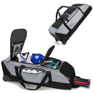 고부로스 롤링 야구 소프트볼 가방, 4 배트용 바퀴, 별도의 신발 공간과 장비를 위한 여러 포켓이 있는 더플백, 그레이