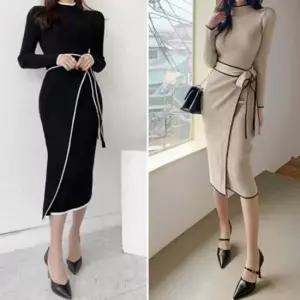 [SBD] 원피스 핏좋은 리본 니트 폴라 반목 랩스타일 하객룩