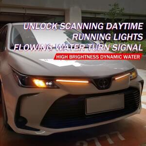 2pcs LED DRL 자동차 주간 러닝 라이트 유연한 방수 스트립 헤드 흰색 회전 신호 노란색 브레이크 흐름 조