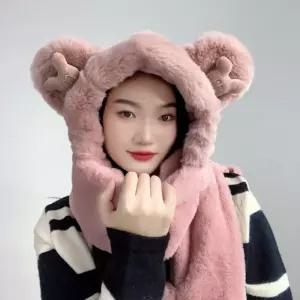 큐티베어 일체형 후드 머플러(핑크) 퍼머플러 모자 겨울 목도리 넥워머 단색 여성선물 크리스마스