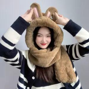 큐트레빗 일체형 후드 머플러(브라운) 퍼머플러 모자 겨울 목도리 넥워머 단색 여성선물 크리스마스