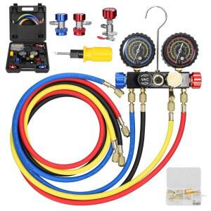 매니폴드 게이지 세트 에어컨 냉매 충전 도구, 4 방향 이중 값 압력 게이지, R22, R134a, R410a 냉매용