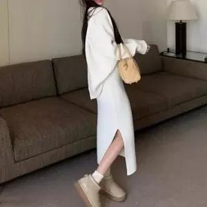 뒷트임 골지 니트 옆트임 밴딩 스커트 세트 TDN-0239