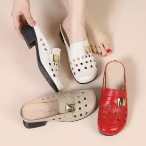 여름 여성 추천 소프트 플랫 펀칭 반 샌들 슬리퍼 통가죽 편안한 아웃도어 SPO마켓2