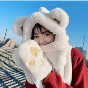 [골드스마일]모자 목도리 장갑 일페형 곰발바닥 털 후드 머플러 니트후드머플러