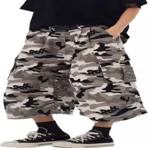 FCOOLYET 남성 카모 청바지 반바지 Y2K 배기 롱 조트 위장 데님 카고