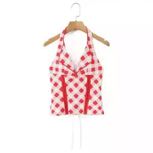 볼사스 레드 캐주얼 하계 여자 조끼 탑 스윗 멜빵 터틀넥 체크 홀터넥 나시 ADOR2