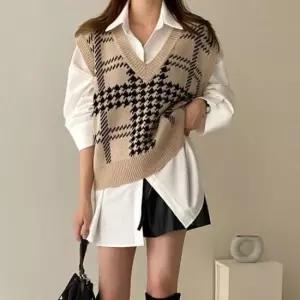 [SBD] 베스트 여자 조끼 2컬러 브이넥 니트 체크무늬