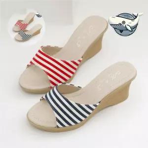 여름 슬리퍼 여자 웨지힐 스트라이프 패턴