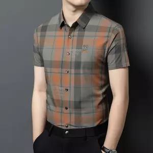 실크 캐주얼 셔츠 상의 중년 무열 반팔 프린트 옷 헴라인 솔리드 누에고치 남자남방셔츠 ible2