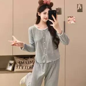 띠엔다 면 가을 세트 파자마 잠옷세트 카디건 긴바지 긴팔 커플 실내복 아웃도어룩 ADOR3