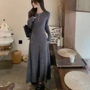 [SBD] 슬림핏 긴팔 골지 A라인 니트 원피스 롱원피스