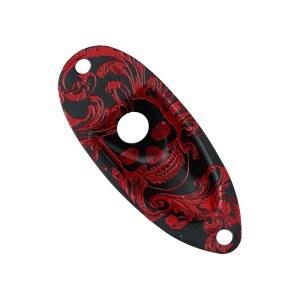 가이커 기타 입력 잭 플레이트, 금속 타원형 보트 모양 플레이트 소켓 페룰 출력, 전기 베이스 교체 부품용 두개골 패턴 곡선형(GJ006, 블랙)