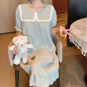 치마 롱 면 캐주얼 커플잠옷세트 프린세스룩 수면 레이스 반팔 체크 구름 파자마 ible2