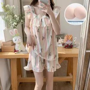 면 하계 커플잠옷세트 구름 끈 고정 브라 잠옷 부드러운 실내복 ible2