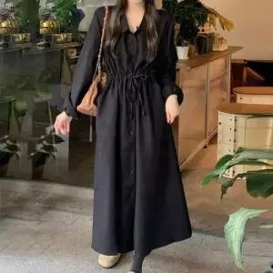 골지니트원피스 코듀로이 셔츠 롱원피스 군살 커버 허리스트링 카라넥