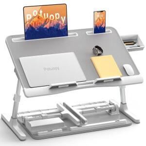 침대용 노트북 스탠드, 포투오피 가죽 조절식 침대 책상 테이블 트레이, 소파 바닥에서 작업하는 필기용 서랍이 있는 X-대형 접이식 랩 책상, 회색