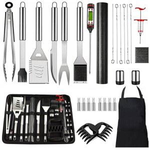 30PCS 휴대용 그릴 액세서리 키트 보관 가방 BBQ 세트 앞치마 스테인리스 스틸 바비큐 도구 야외 캠핑 백야드 남성 의 선물
