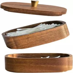 미가쿠 홈 아카시아 우드 큐팁 홀더 욕실 뚜껑 코튼볼/라운드/패드용 이중 용기 치실 픽 보관함