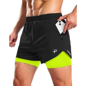 푸돌라 남성 경량 2 in 1 러닝 반바지 5인치 지퍼 포켓 퀵 드라이 짐 운동 컴프레션 라이너