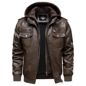 후드 크루 남성용 인조 가죽 재킷 모터사이클 발수 방풍 PU 모토 빈티지 폭격기 코트