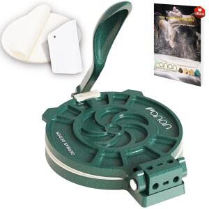 조절 가능한 두께 조절 기능이 있는 토르티야 프레스 8인치 멕시코 토르티야 프레스, 특수 알루 합금으로 정밀하게 제작된 금속 파타코네라 50장의 양피지, 반죽 커터 및 레시피 전자책