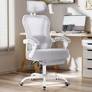 발 받침대가 있는 인체공학적 사무용 의자, 조절 가능한 2D 요추 지지대와 헤드레스트가 있는 초두꺼운 리클라이닝 사무용 책상 의자, 스프링 쿠션, 하이백 프리미엄 메시 컴퓨터 의자 사무용 의자, 회색