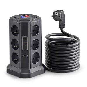 TESSAN 블랙 수직 타워 USB 오 용 2M 보호 과부하 12 코드 AC 콘센트 멀티탭 개 익스텐션