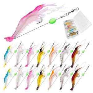 14PCS 소금물 낚시, 미끼 상자와 함께 새우 유인 세트, 빛나는 날카로운 갈고리가 달린 7가지 색상의 프리미엄 부드러운 낚시 태클, 소금물과 민물 공격적인 물고기를 위한 도구