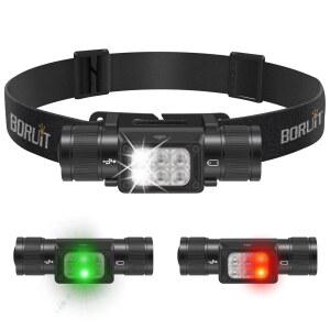 BORUIT 360 LED 충전식 헤드램프, 화이트 그린 레드 라이트, 슈퍼 브라이트 헤드램프 손전등, IP67 방수, 7가지 작업 모드로 캠핑 하이킹 낚시를 즐기는 성인에게 적합합니다
