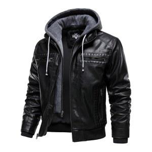 후드 크루 남성 인조 가죽 재킷과 탈부착 가능한 캐주얼 모터사이클 폭격기 재킷 아우터웨어