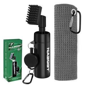 나봇 골프 타월 및 브러시 세트, 프리미엄 타월(16x16 인치) 클럽 클리너, 리테이너 클립 스퀴즈 물병, 에센셜 남성용 액세서리