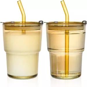 뚜껑이 있는 재사용 가능한 스 커피 텀블러 13온스 투명 물잔 빨대와 유리컵 2팩 말차 주스를 마실 수 앰버
