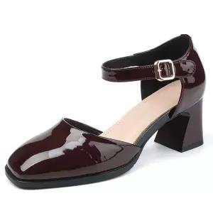 여성 샌들 웨지힐 봄가을 여름 스퀘어 통굽 에나멜 스트랩 고무창 두꺼운굽 가죽 5cm 구두 OP2