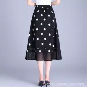 여성용 쉬폰 스커트 블랙 도트 플리츠 슬림핏 오피스룩 여름 기장 A라인 KS2