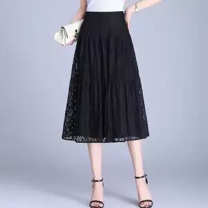 여성용 쉬폰 스커트 레이스 밴딩 봄여름 A라인 하이웨스트 플리츠 롱 KS2