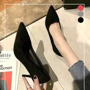 뾰족앞코 기본 얇은굽 힐 하객 미들힐 스웨이드 구두 tBI6+1czo