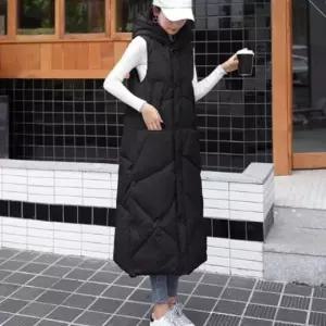 다운점퍼 길어보이는 롱 격자 여성 점퍼 후드 달린 패딩 조끼