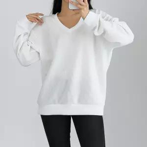 여자 가을 무지 리브드 골지 브이넥 맨투맨 5CW-TSA-Q113-흰색