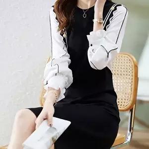 정장룩 프릴 원피스 블랙 화이트 색상 대비 금색 단추 (HSJ-WEA5D4C)