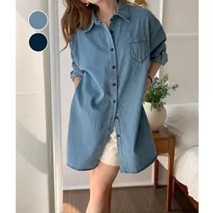 여성 포켓 포인트 롱셔츠 데님셔츠 데님 미니 원피스 (HSJ-WD513CD)