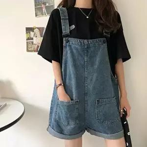 멜빵청바지 데님멜빵반바지 중청 와이드핏 귀염 코디 여사친룩