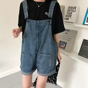 멜빵청바지 중청 와이드핏 데님멜빵바지 여성반바지 귀염 코디