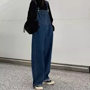 귀여운여자옷 여성 데님 진청 멜빵 캐주얼 여행 코디 와이드 팬츠