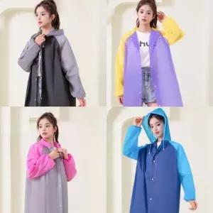 여성 후드 배색 레인코트 우비 여자 장마 방수 롱 코