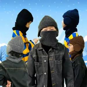 TBZ 두꺼운 목도리 심플하고 따뜻한 일체형 귀달이 미니 모자 세트