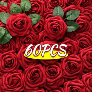 60/5PCS 인공 장미 꽃 DIY 웨딩 부케 빨간 벨벳 거품 발렌타인 어머니의 날 선물 파티