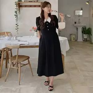 핫핑 [하객룩] 올리번 뒷밴딩 배색카라 진주버튼 퍼프롱원피스